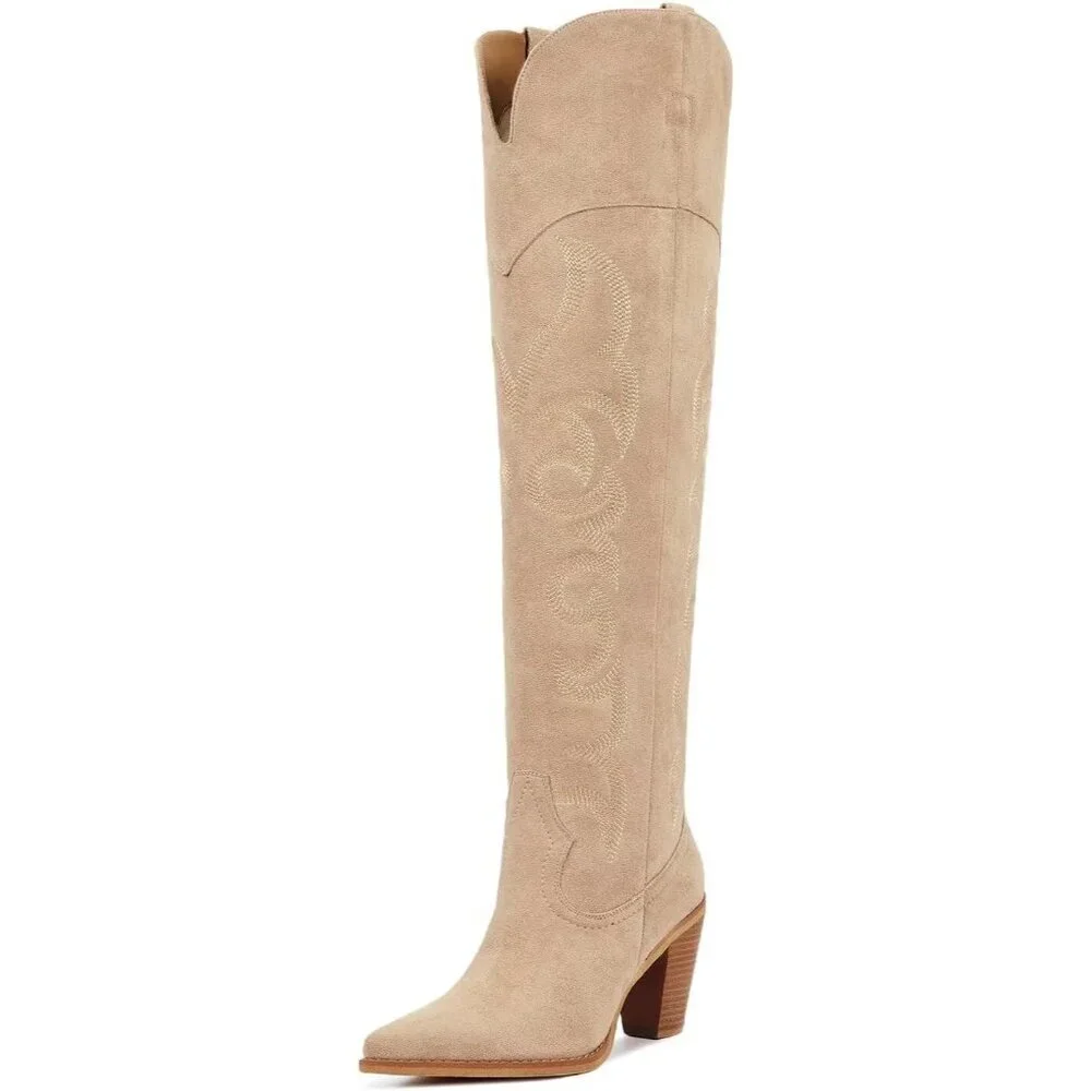 Women Over Knee Apricot Faux Leather Pull On Tab Chunky Heel Pointed Toe Boots